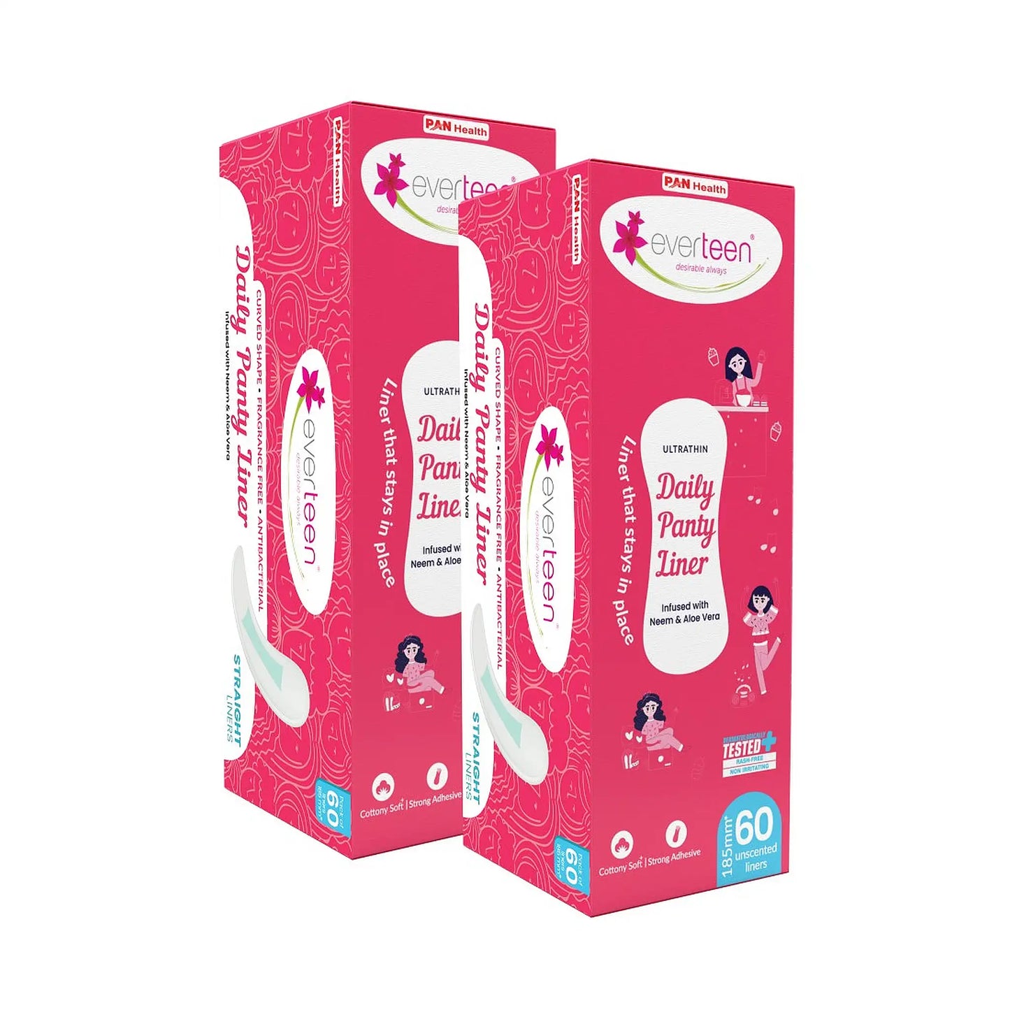 everteen Straight Panty Liners 2x60 Pack – Neem and Aloe Vera, 185mm