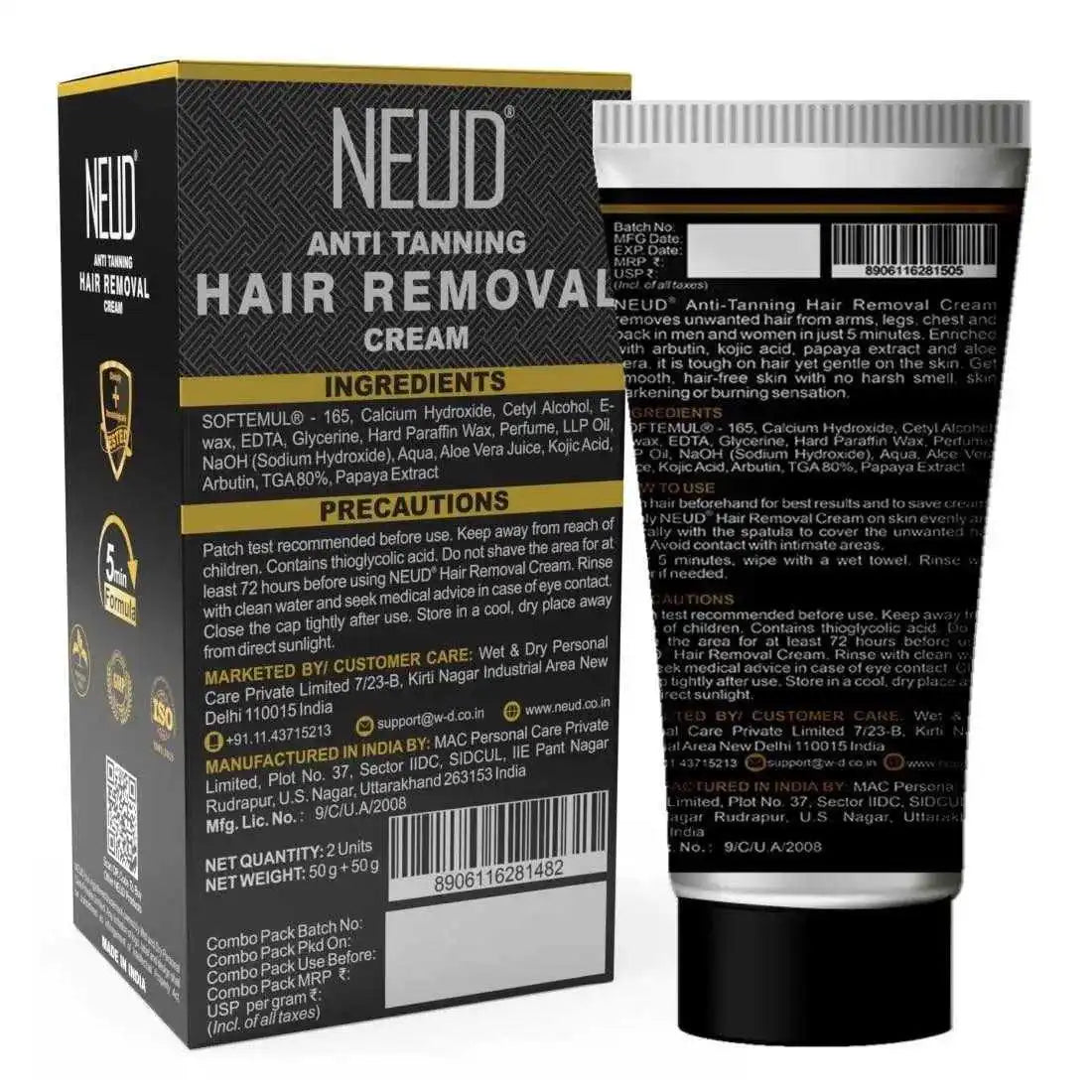 NEUD Anti-Tanning Hair Removal Cream for Arms, Legs, Chest and Back - Ingredients - everteen-neud.com