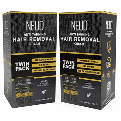 Buy 2 Sets of NEUD Anti-Tanning Hair Removal Cream for Arms, Legs, Chest and Back in Men and Women - Twin Pack (50g x 2 Tubes Each)