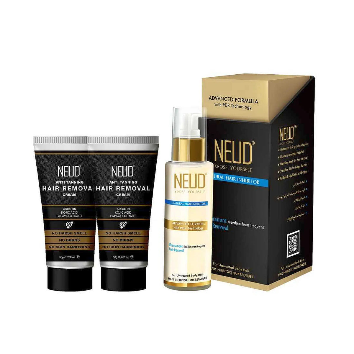 NEUD Skin Care Combo - 50g+50g Anti-Tanning Hair Removal Cream (Twin Pack) and Natural Hair Inhibitor 80g