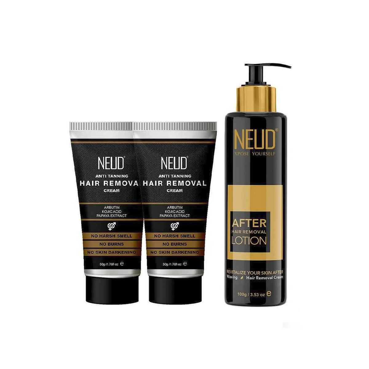 NEUD Anti-Tanning Hair Removal Cream Twin Pack 50g+50g and After-Hair-Removal Skin Lotion 100g combo