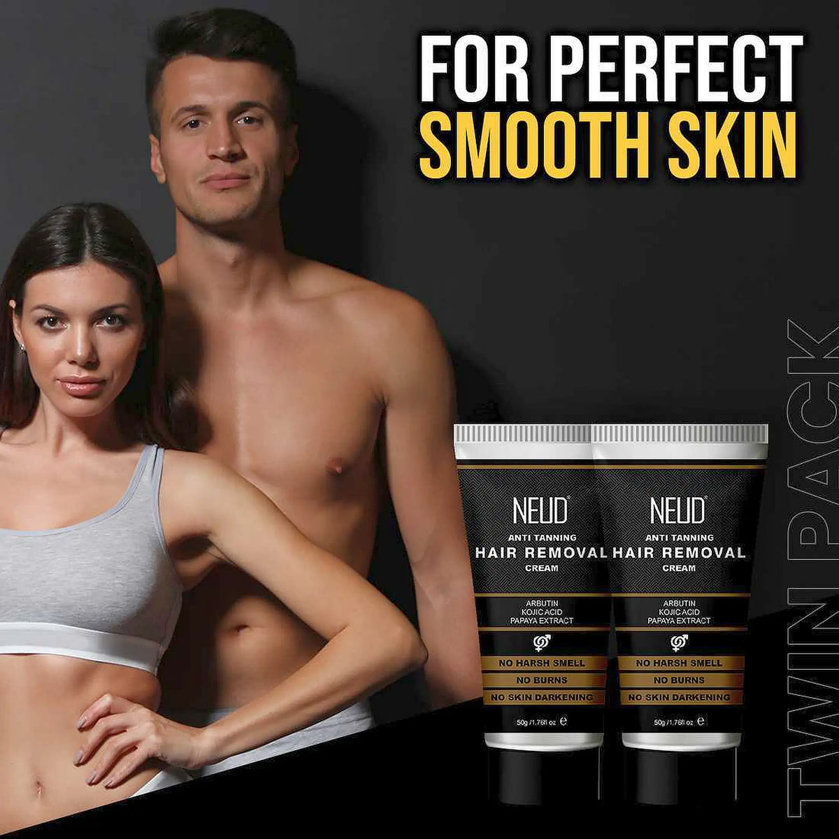 NEUD Anti-Tanning Hair Removal Cream for Arms, Legs, Chest and Back in Men and Women - Twin Pack (50g x 2 Tubes)