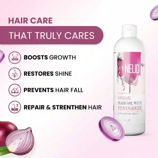 NEUD Onion Hair Oil with Fenugreek bottle on a pink background with text about hair care benefits.