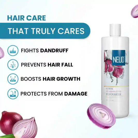 NEUD Onion Hair Care Shampoo 400ml with benefits listed on a white background
