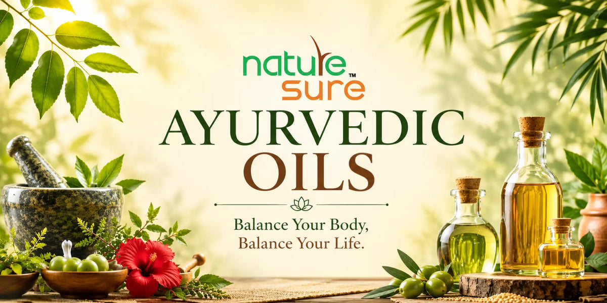Nature Sure Ayurvedic oils for hair, scalp, skin and body care, including herbal oils and combo packs
