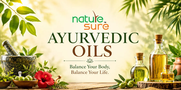 Nature Sure Ayurvedic oils for hair, scalp, skin and body care, including herbal oils and combo packs