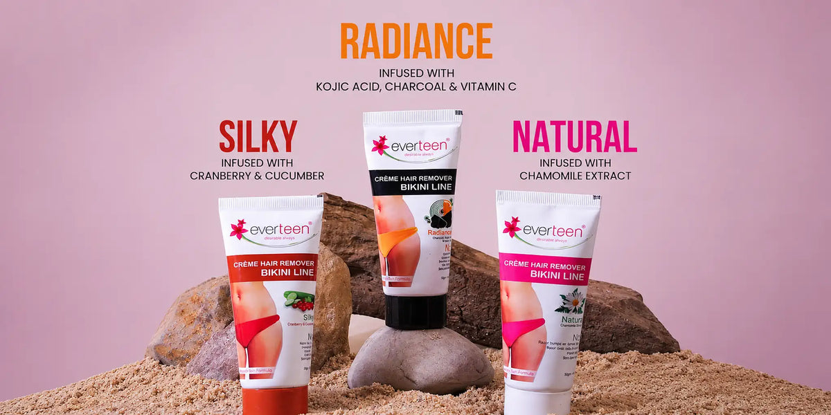 everteen bikini line hair removal creams for women, including Natural, SILKY and RADIANCE variants