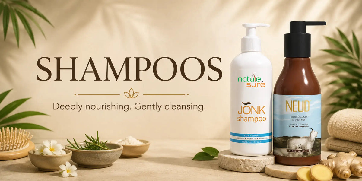 NEUD and Nature Sure hair shampoos with onion, ginger, aloe vera, goat milk and Ayurvedic herbs