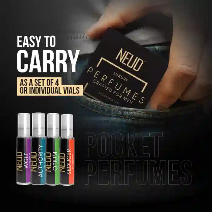 NEUD pocket perfumes with packaging and the message Easy to Carry on a dark background