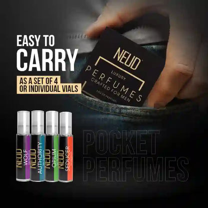 NEUD pocket perfumes with packaging and the message Easy to Carry on a dark background