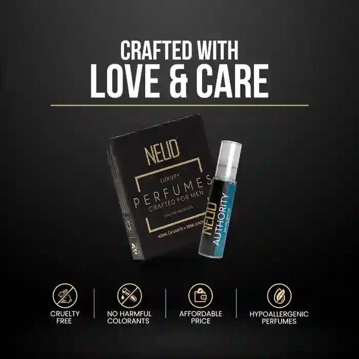 NEUD perfume packaging with a black background and text highlighting features.