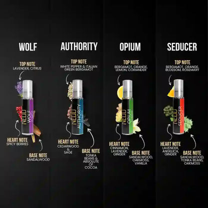 Four different NEUD perfume bottles for Men labeled 'Wolf', 'Authority', 'Opium', and 'Seducer' with their top, heart, and base notes on a black background.