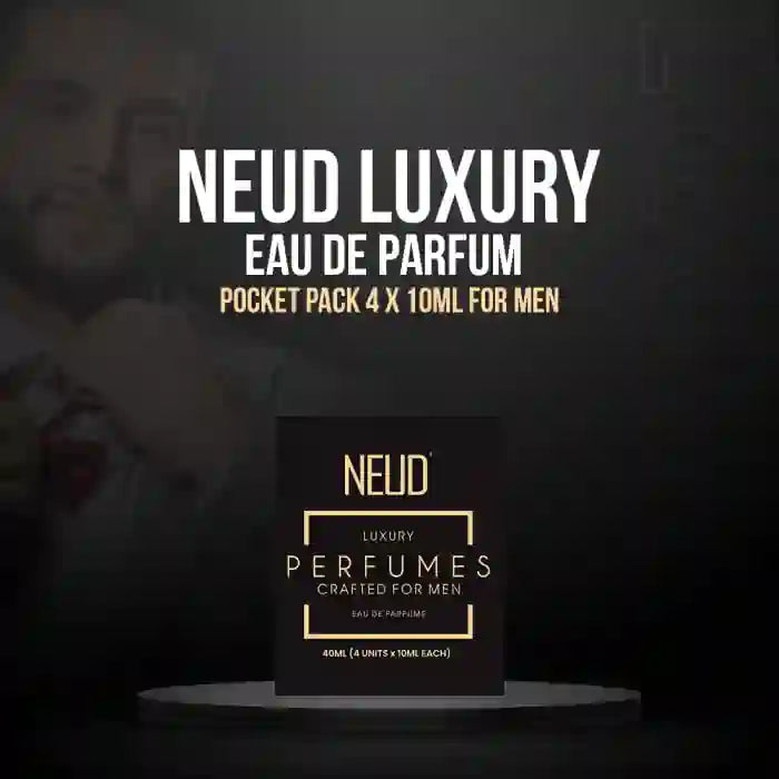NEUD Luxury Eau de Parfum for Men 4x10ml packaging with text on a dark background