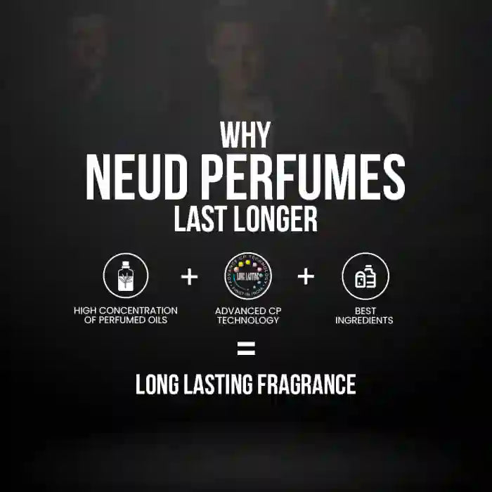 Explanation of why NEUD perfumes last longer with text and icons on a dark background