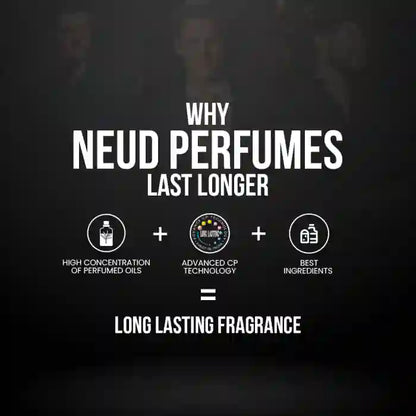 Explanation of why NEUD perfumes last longer with text and icons on a dark background