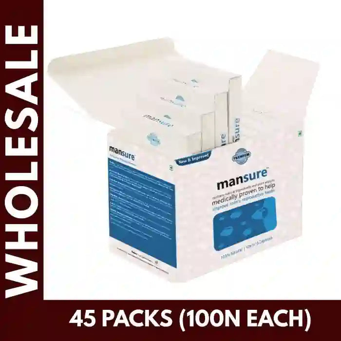 Buy 45 Packs ManSure Reproductive Health Capsules 100 Capsules Each at Bulk Prices for Better Sperm Quantity, Quality and Mobility in Men. GST Invoice Available for TCS Input Credit - everteen-neud.com