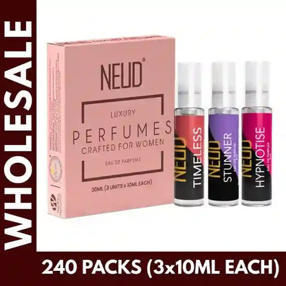 Buy 240 units NEUD Pocket Perfumes for Women 3x10ml each at Bulk Prices. GST Invoice Available for TCS Input Credit - everteen-neud.com