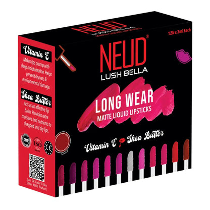 NEUD Lush Bella Matte Liquid Lipstick Kit Enriched With Vitamin E and Shea Butter - 12 Units (3ml Each)