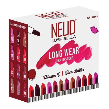 NEUD Lush Bella Stick Lipstick Kit Enriched with Vitamin E and Shea Butter - 12 Units (4g Each)