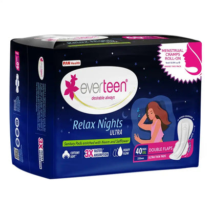 Buy 1 Pack everteen XXL Relax Nights Ultra 40 Sanitary Pads with Neem and Safflower, Free Menstrual Cramps Roll-On - everteen-neud.com