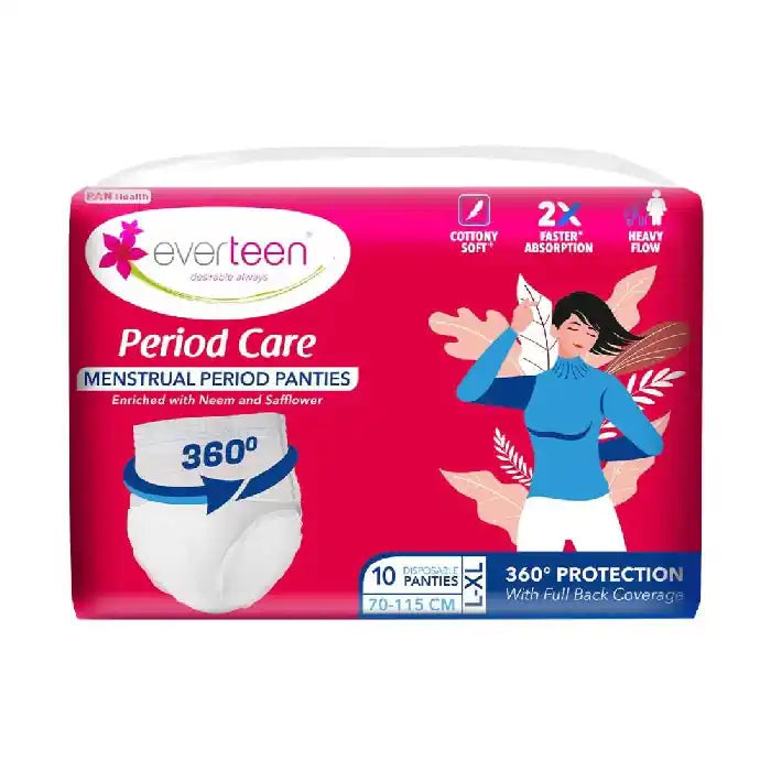 Buy 1 Pack everteen Period Care Disposable Period Panties L-XL Size (70-115cm) With 360° Protection, Cottony Soft, Enriched with Neem and Safflower - everteen-neud.com
