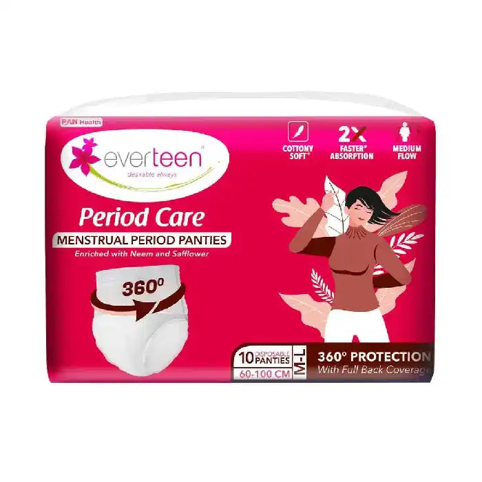 Buy 1 Pack everteen Period Care Disposable Period Panties M-L Size (60-100cm) With 360° Protection, Cottony Soft, Enriched with Neem and Safflower - everteen-neud.com