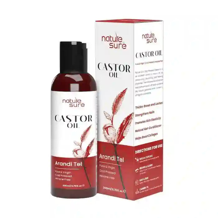 Nature Sure Cold-Pressed Castor Oil (Erand Tail) - Huile de support thérapeutique pour la peau, les cheveux et la santé