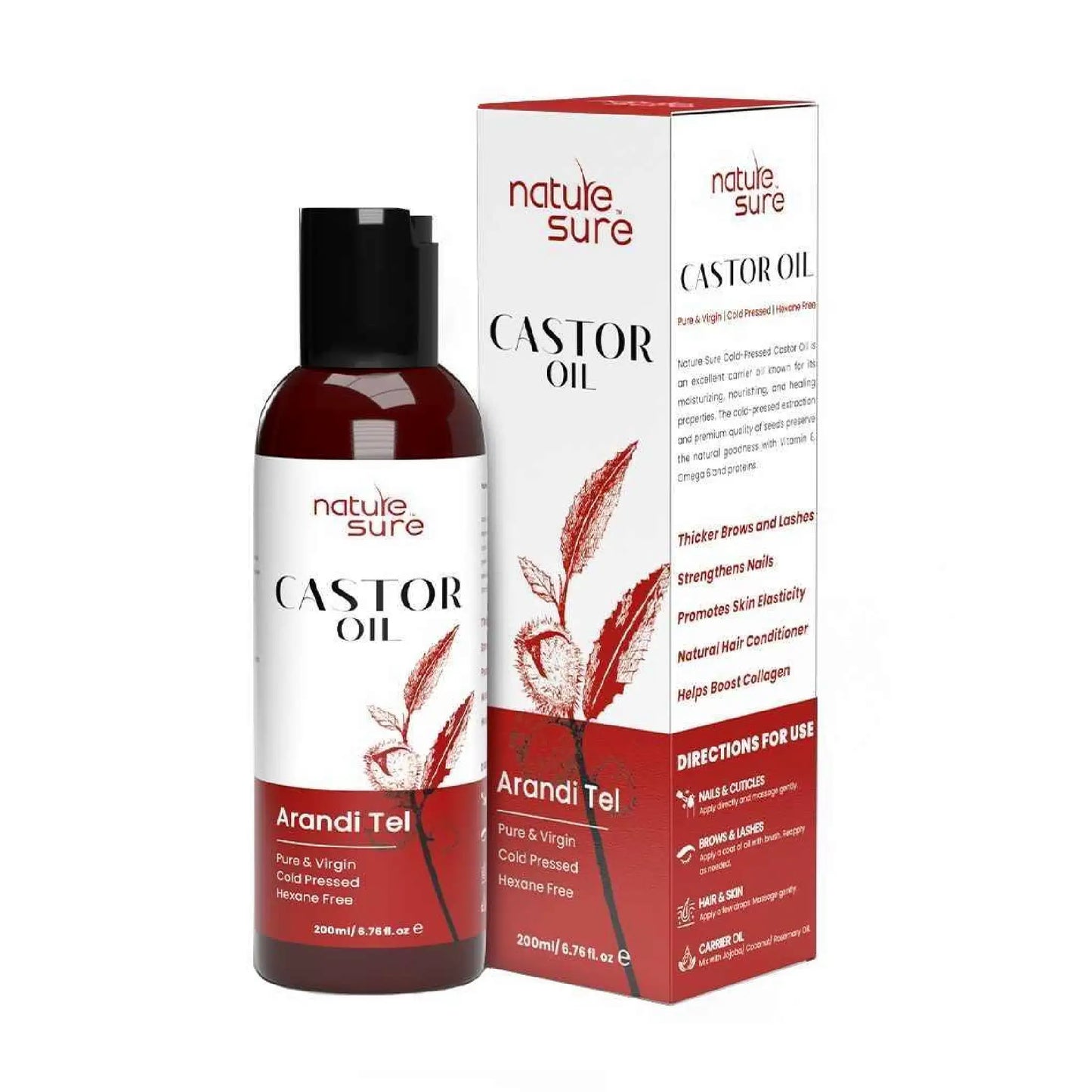 Nature Sure Castor Oil (Arandi Tel) 1x200ml – Cold-Pressed, Hexane-Free, IP-Grade