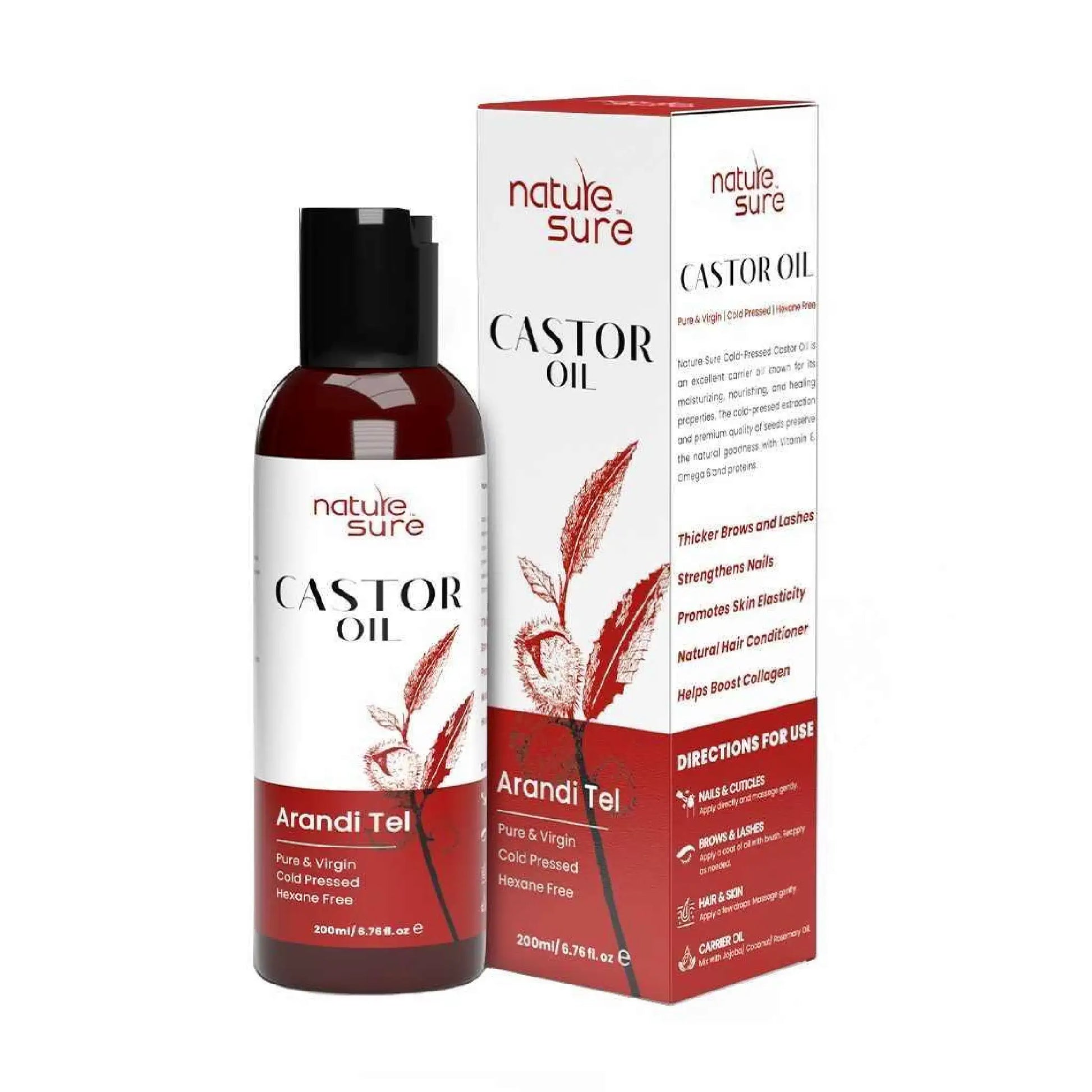 Nature Sure Castor Oil (Arandi Tel) 1x200ml – Cold-Pressed, Hexane-Free, IP-Grade