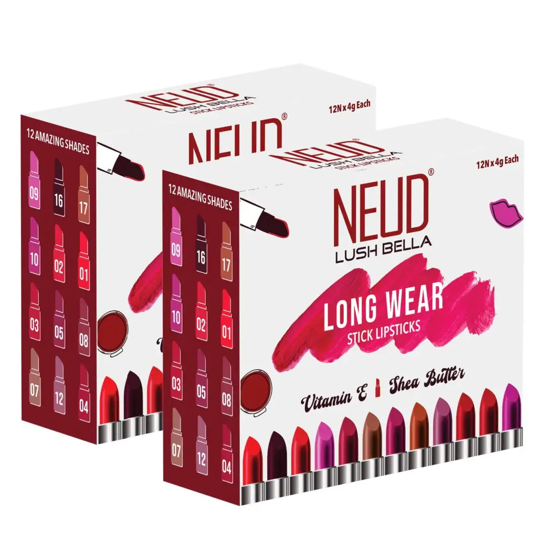 NEUD Lush Bella Stick Lipstick Kit Enriched with Vitamin E and Shea Butter - 12 Units (4g Each)