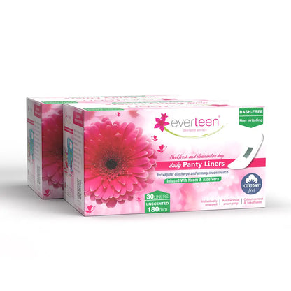 Buy 2 Packs of 30 everteen Pantyliners Infused with Neem and Aloe Vera for White Discharge and Urinary Leakage in Women - everteen-neud.com