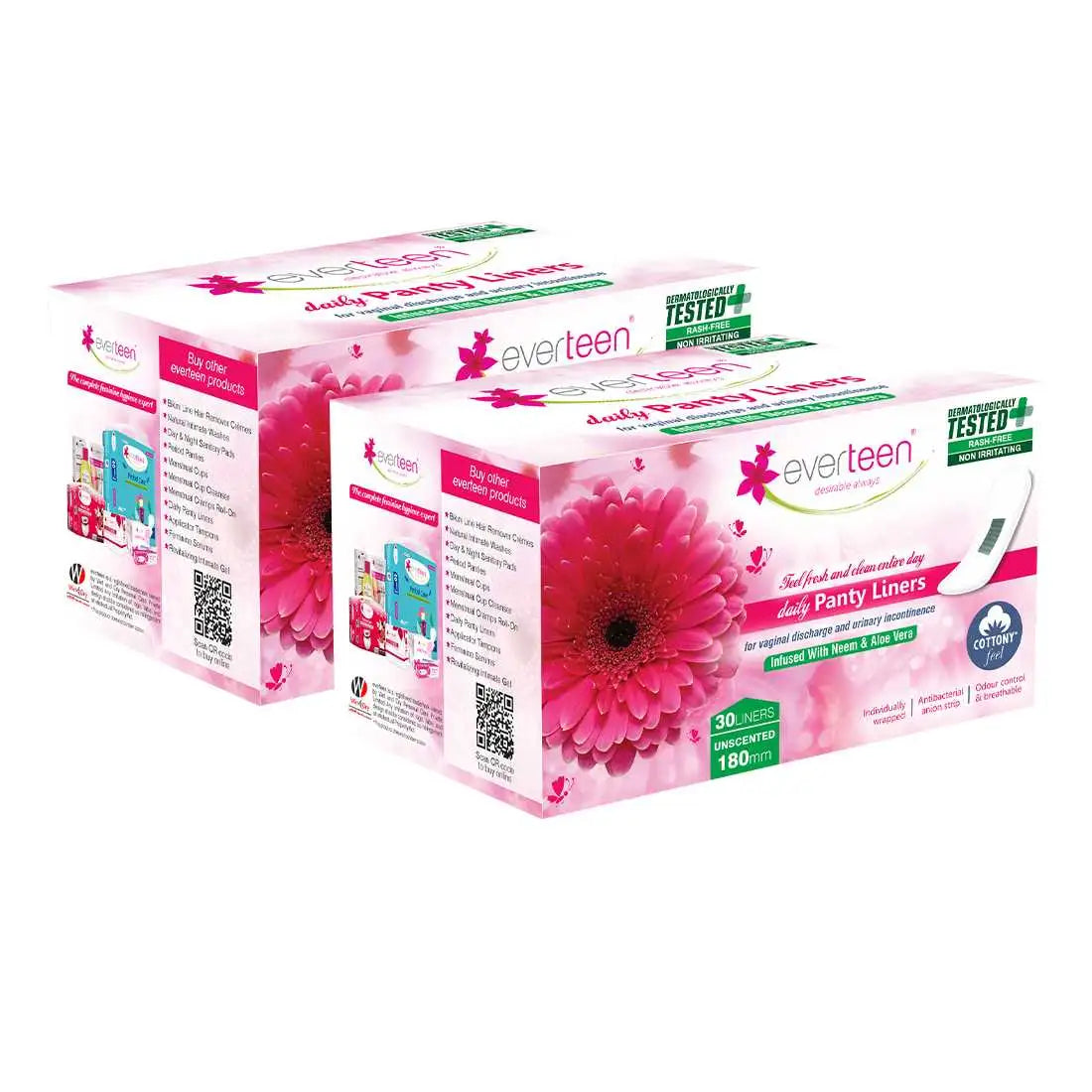 Buy 2 Packs of 30 everteen Pantyliners Infused with Neem and Aloe Vera for White Discharge and Urinary Leakage in Women - everteen-neud.com