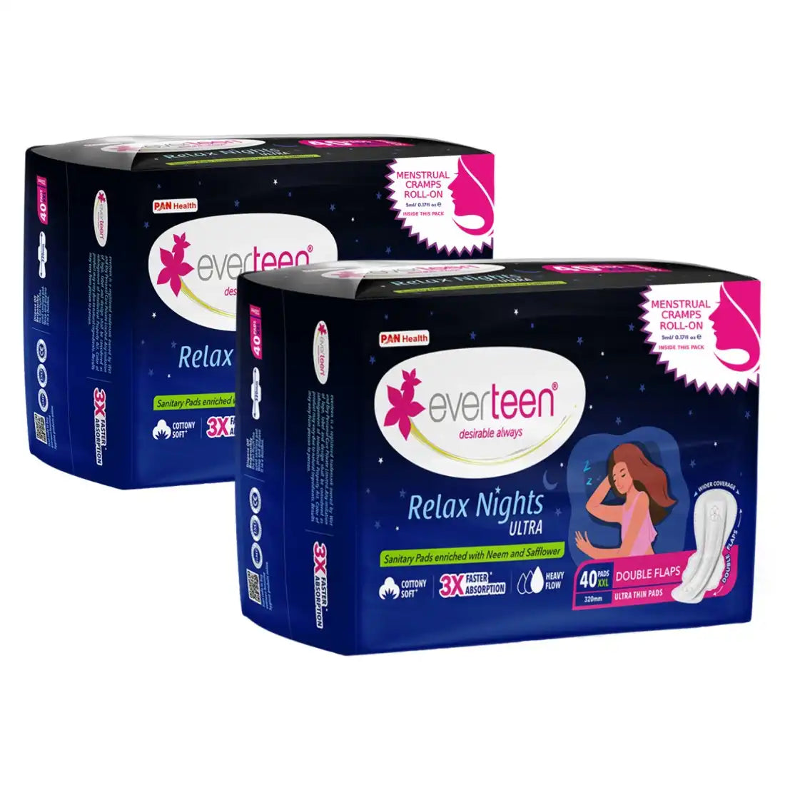 Buy 2 Packs everteen XXL Relax Nights Ultra 40 Sanitary Pads with Neem and Safflower, Free Menstrual Cramps Roll-On - everteen-neud.com