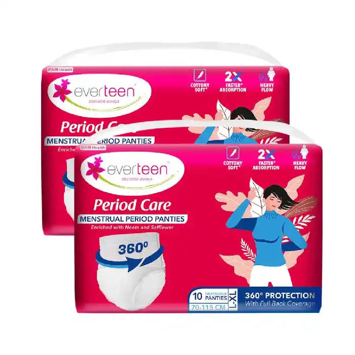 Buy 2 Packs everteen Period Care Period Panties L-XL Size (70-115cm) With 360° Protection, Cottony Soft, Enriched with Neem and Safflower - everteen-neud.com