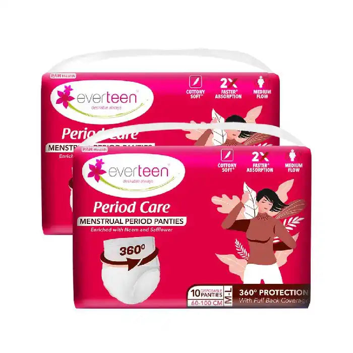Buy 2 Packs everteen Period Care Period Panties M-L Size (60-100cm) With 360° Protection, Cottony Soft, Enriched with Neem and Safflower - everteen-neud.com