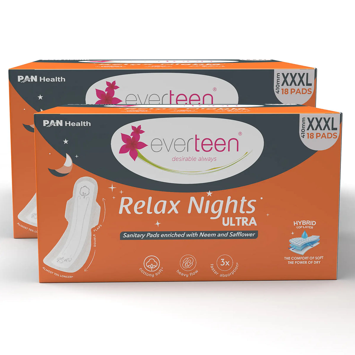 everteen Relax Nights Ultra XXXL Overnight Sanitary Pads (410mm) With Neem, Safflower - 2 Packs x 18 Pads