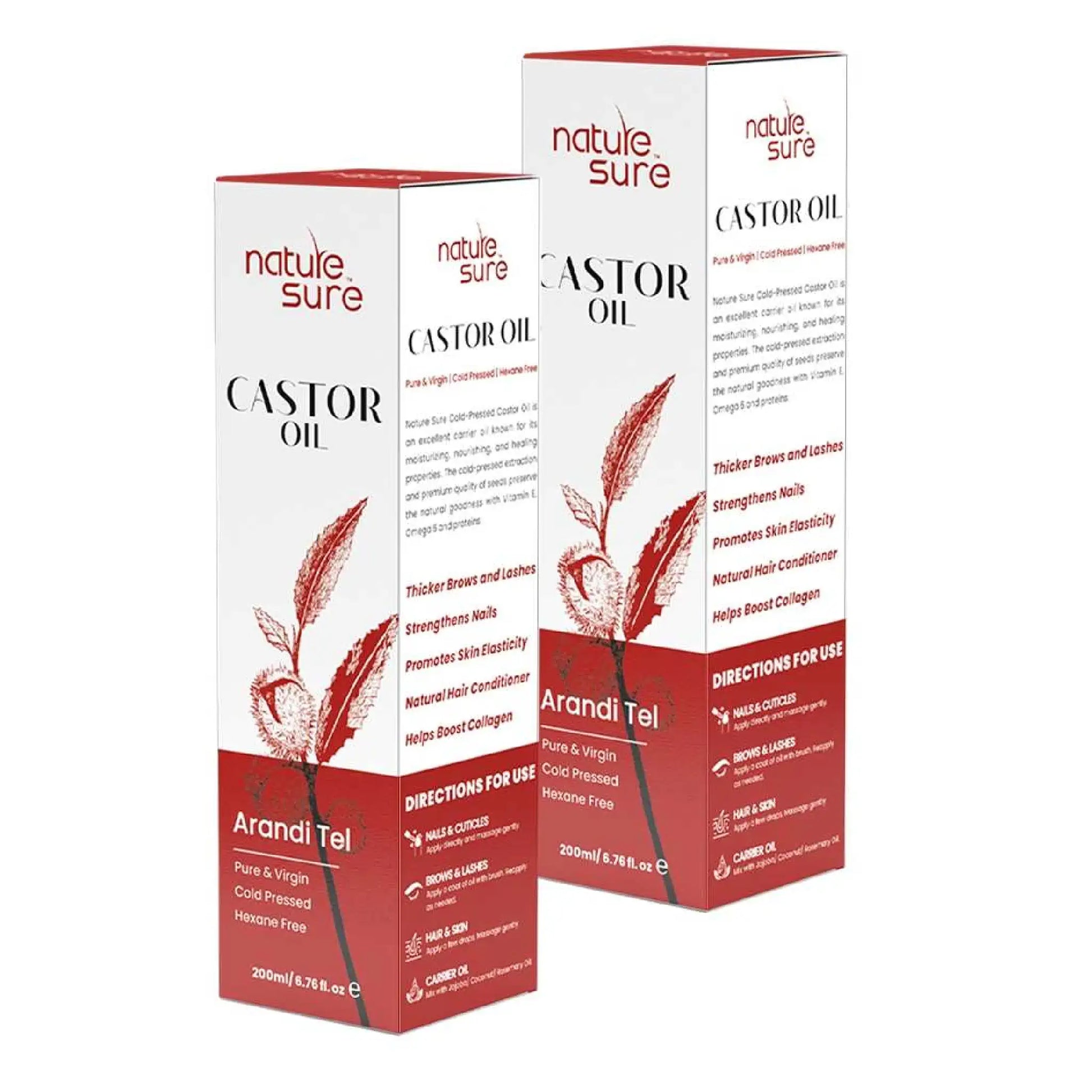 Nature Sure Castor Oil (Arandi Tel) 2x200ml – Cold-Pressed, Hexane-Free, IP-Grade
