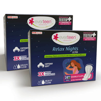 everteen XXL Relax Nights Ultra Sanitary Pads with Neem and Safflower – 2 Packs, 24 Pads Each