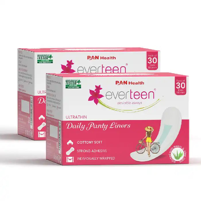 Buy 2 Packs of 30 everteen Pantyliners Infused with Neem and Aloe Vera for White Discharge and Urinary Leakage in Women - everteen-neud.com