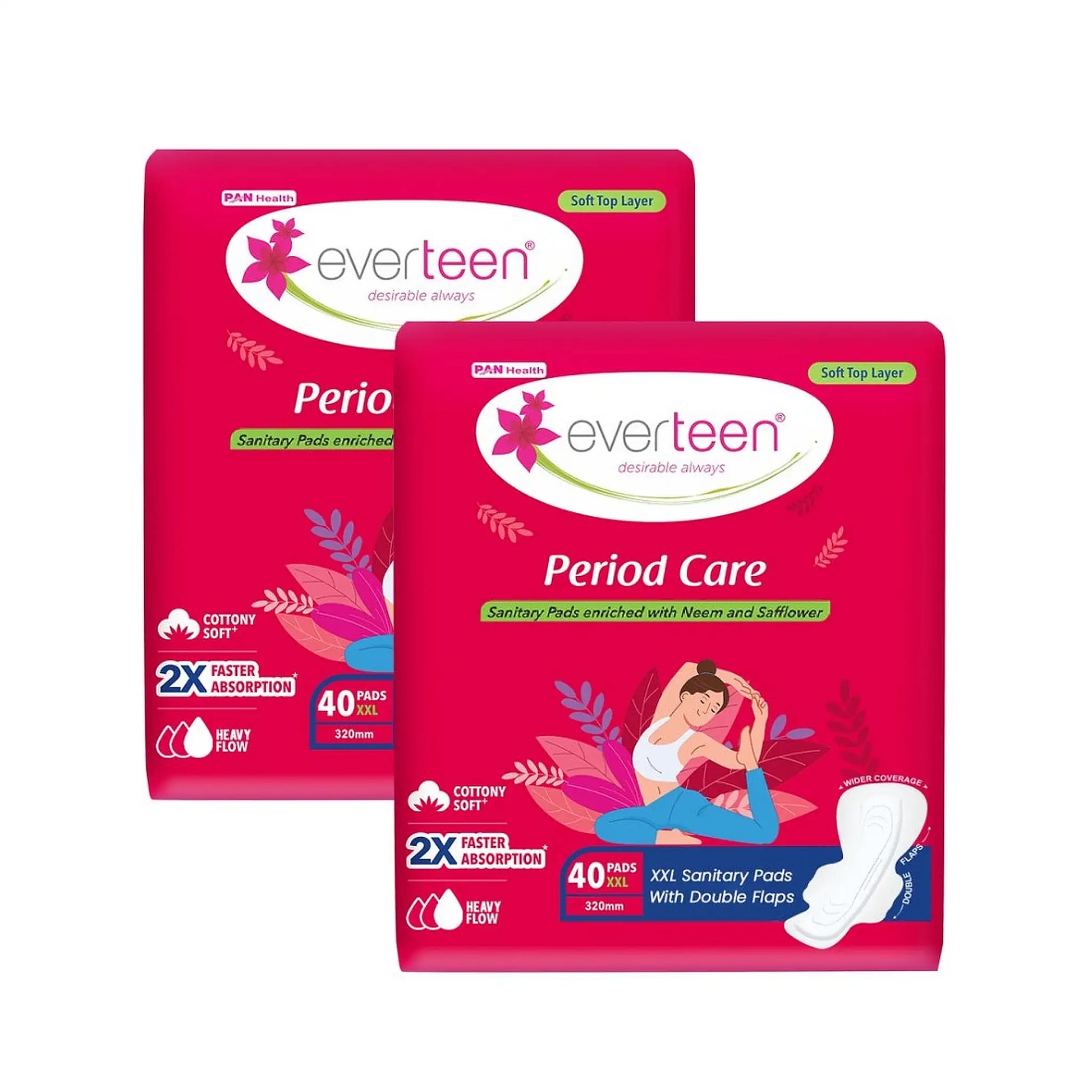 everteen Period Care Soft XXL Sanitary Pads with Neem and Safflower - 2 Packs, 40 Pads Each
