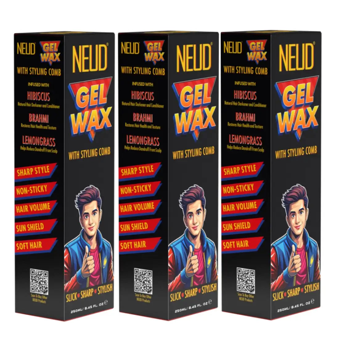 Buy 3 Packs NEUD Styling Hair Gel Wax 250ml with Comb Infused with Hibiscus, Brahmi and Lemongrass - everteen-neud.com