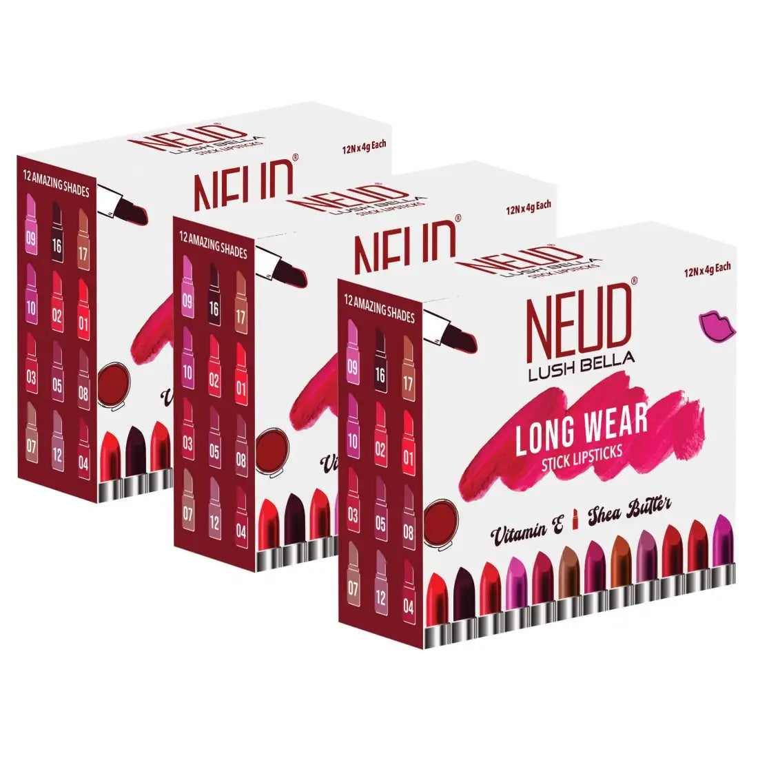 NEUD Lush Bella Stick Lipstick Kit Enriched with Vitamin E and Shea Butter - 12 Units (4g Each)