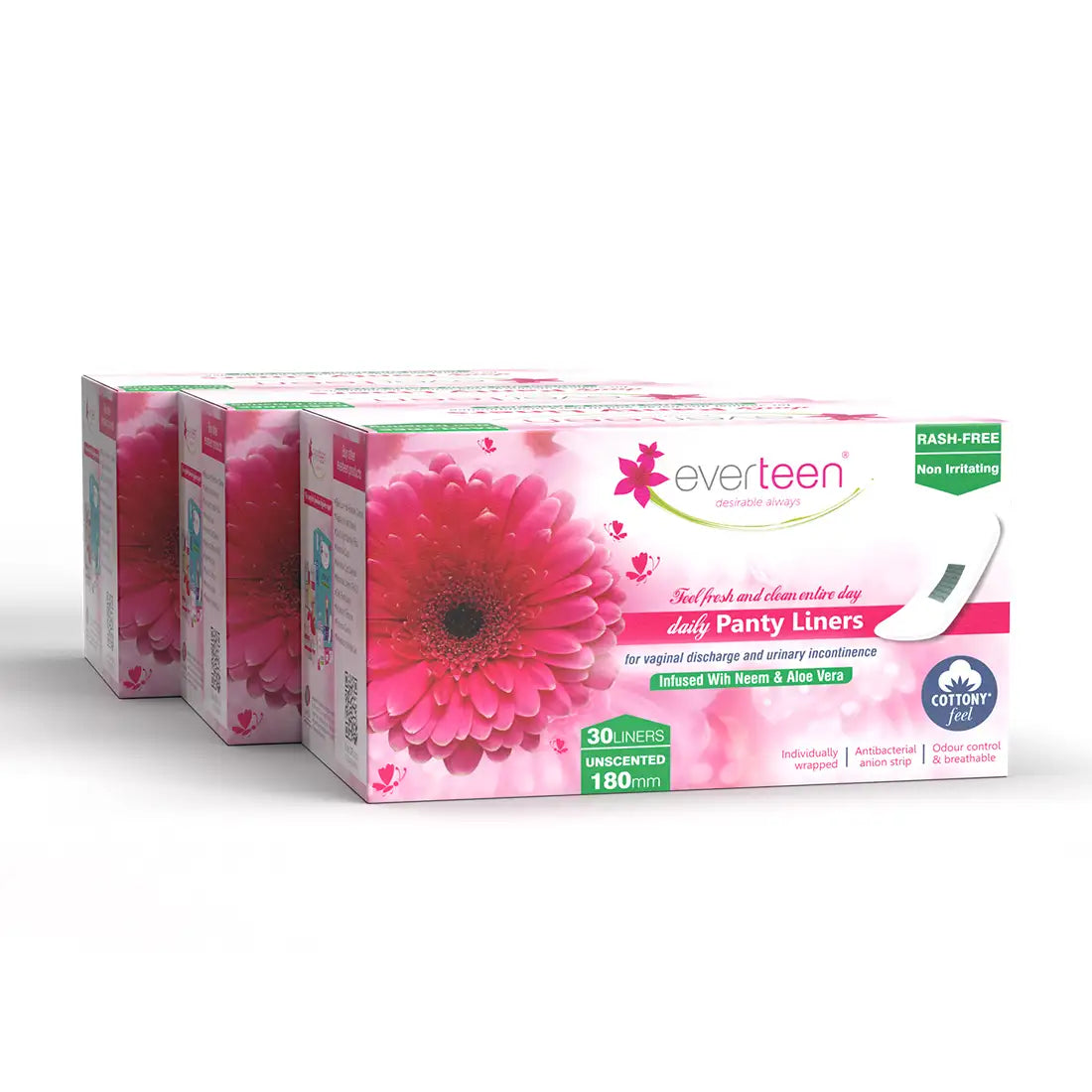 Buy 3 Packs of 30 everteen Pantiliners Infused with Neem and Aloe Vera for Light Discharge, Spotting and Urinary Incontinence in Women - everteen-neud.com