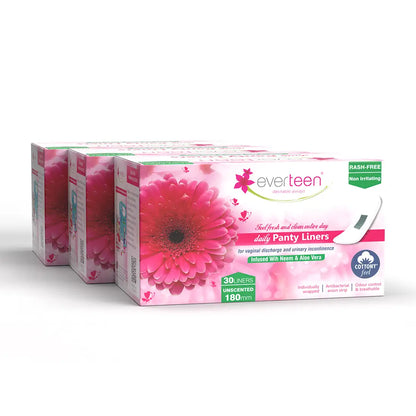 Buy 3 Packs of 30 everteen Pantiliners Infused with Neem and Aloe Vera for Light Discharge, Spotting and Urinary Incontinence in Women - everteen-neud.com