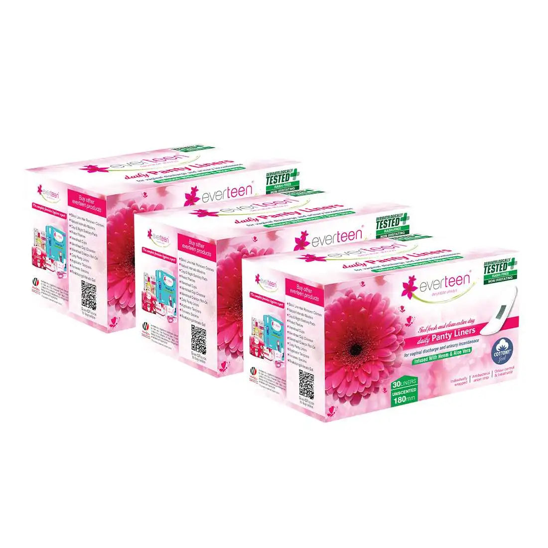 Buy 3 Packs of 30 everteen Pantiliners Infused with Neem and Aloe Vera for Light Discharge, Spotting and Urinary Incontinence in Women - everteen-neud.com