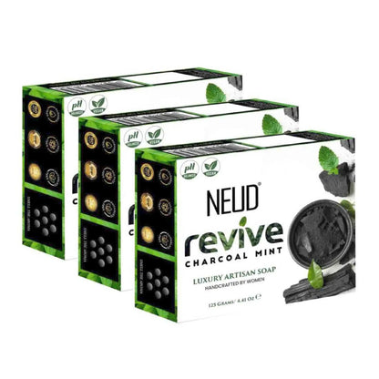 NEUD Revive Charcoal Mint Luxury Artisan pH-Balanced Vegan Handmade Soap With Tea Tree Oil, Peppermint, Eucalyptus Oil and Khus Seed - 3x125g Pack