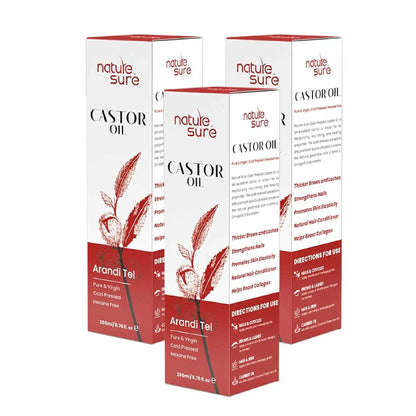 Nature Sure Castor Oil (Arandi Tel) 3x200ml – Cold-Pressed, Hexane-Free, IP-Grade
