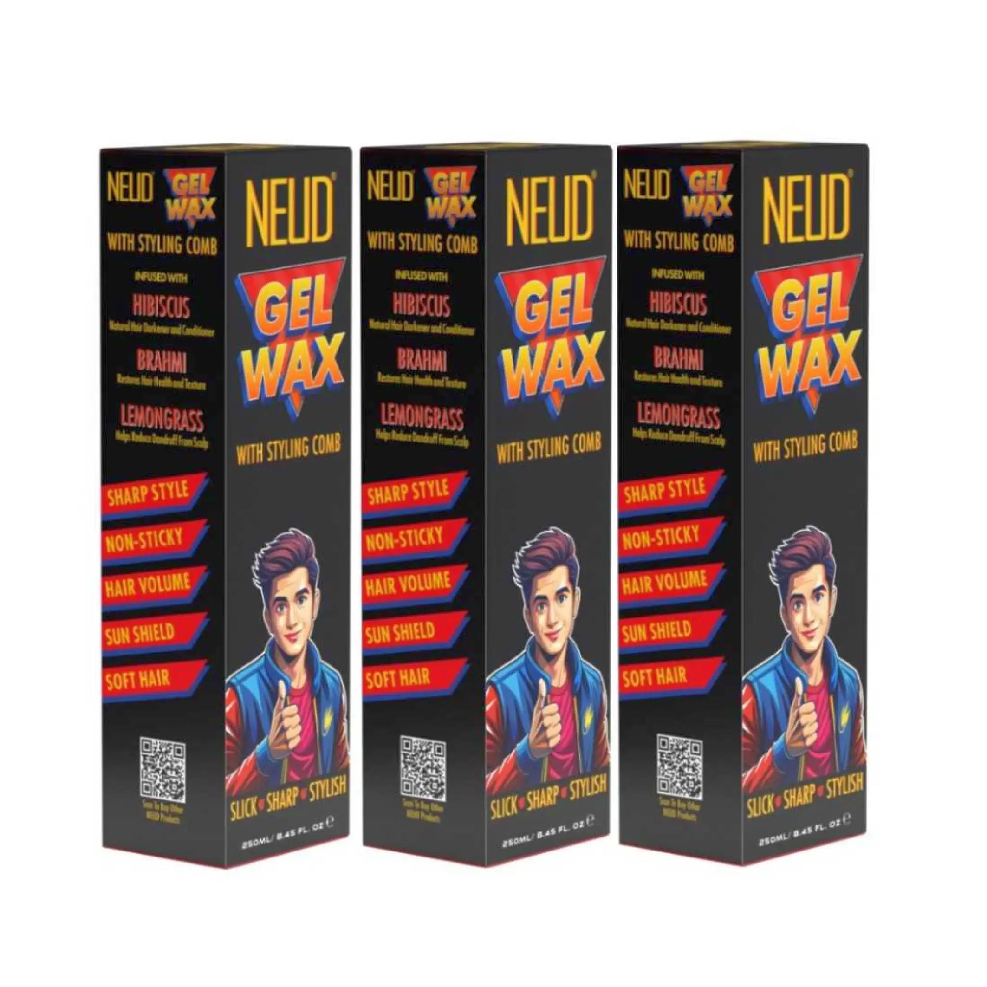 NEUD Styling Hair Gel Wax With Comb Infused with Hibiscus, Brahmi and Lemongrass - 3x250ml Pack