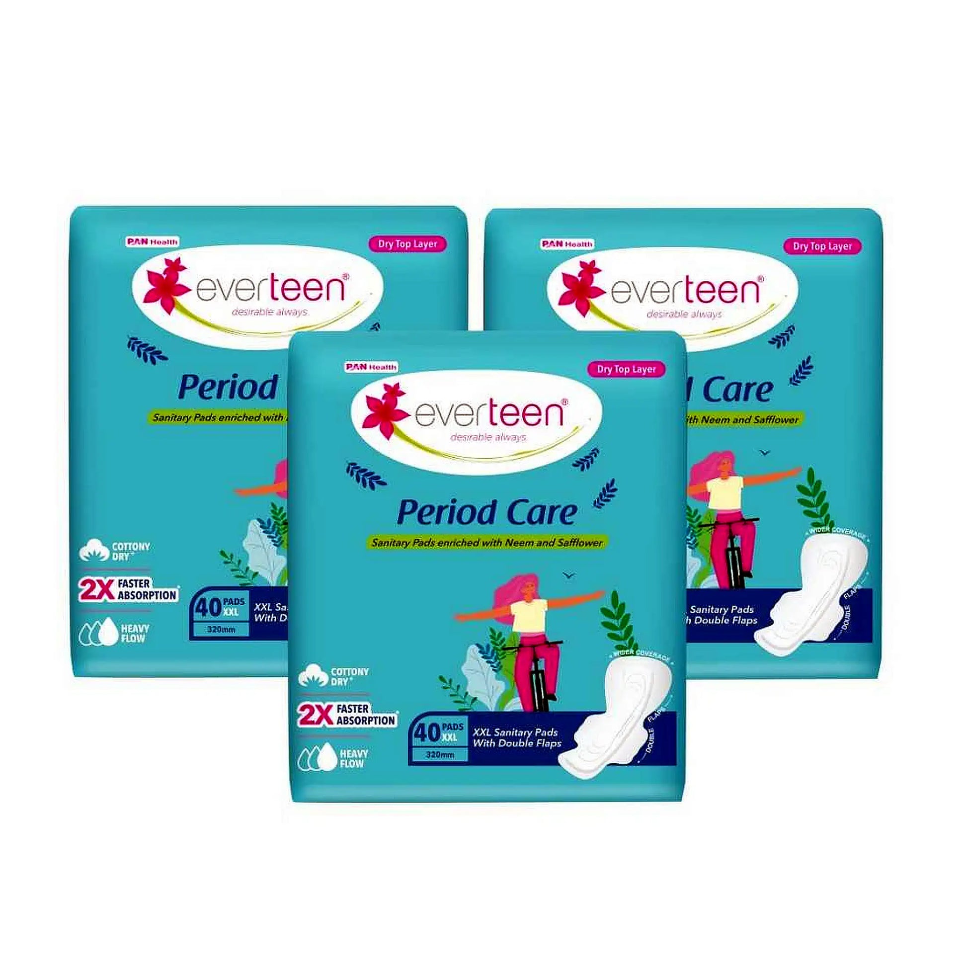 everteen Period Care Dry XXL Sanitary Pads with Double Flaps, Neem and Safflower - 3x40 Pads