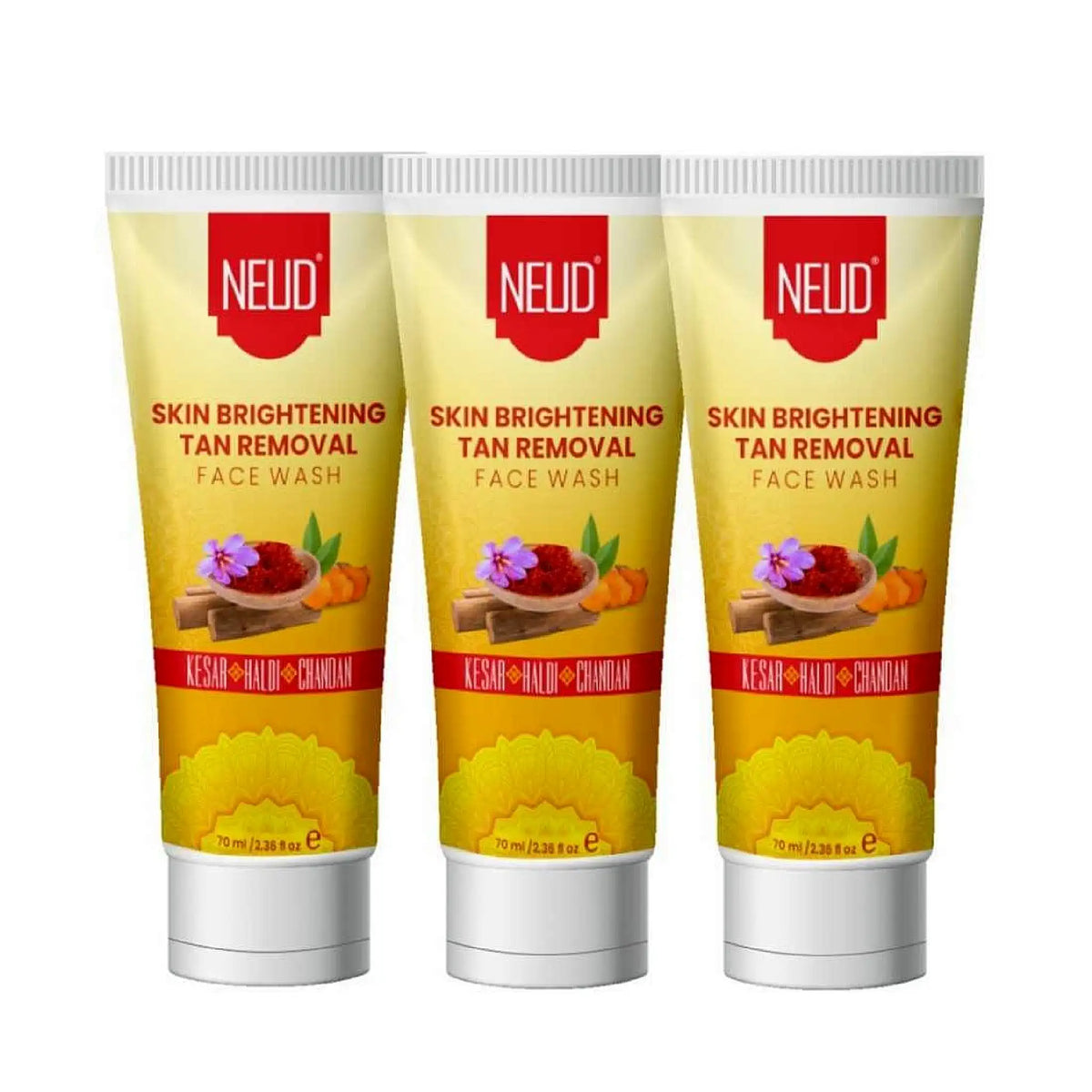 NEUD Skin Brightening Tan Removal Face Wash 3x70ml – Kesar, Haldi and Chandan